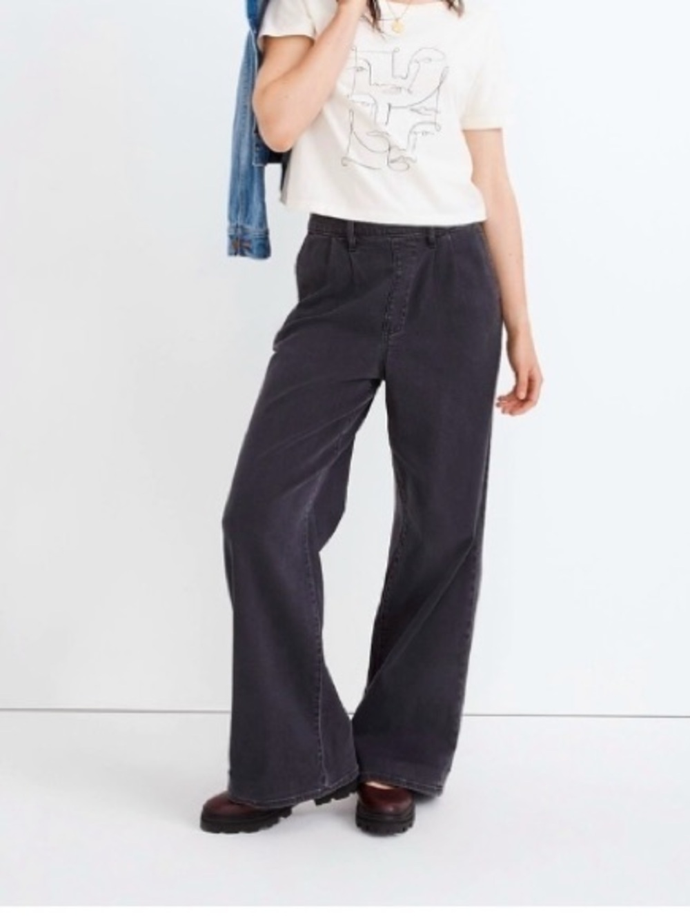 Madewell Superwide-Leg Jeans Pull-On High Rise Relaxed Charcoal Denim Small